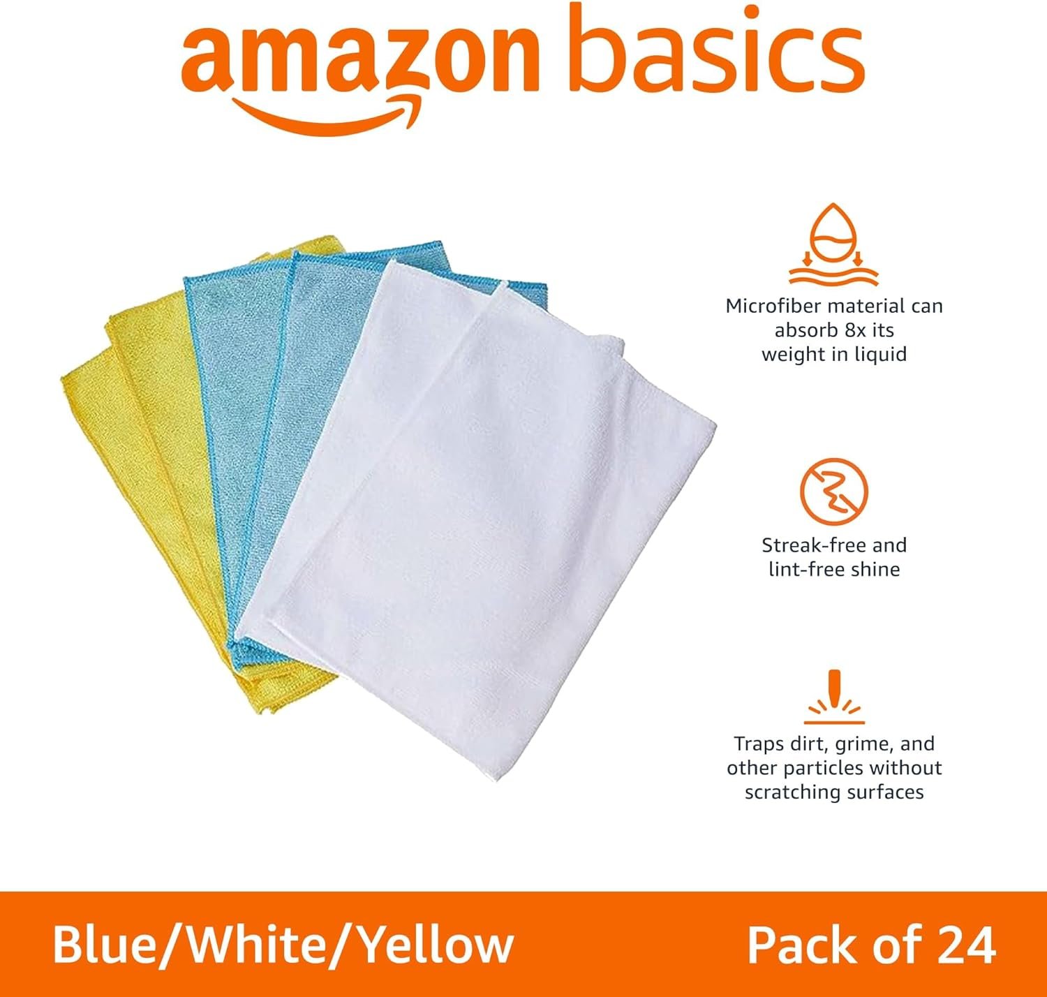 amazon basics microfiber cleaning cloths, ultra absorbent, lint free, streak free, non abrasive, reusable and washable, 16" x 12", blue/white/yellow, pack of 24 amazon basics microfiber cleaning cloths, ultra absorbent, lint free, streak free, non abrasive, reusable and washable, 16" x 12", blue/white/yellow, pack of 24