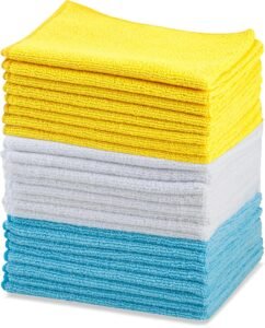 amazon basics microfiber cleaning cloths, ultra absorbent, lint free, streak free, non abrasive, reusable and washable, 16" x 12", blue/white/yellow, pack of 24