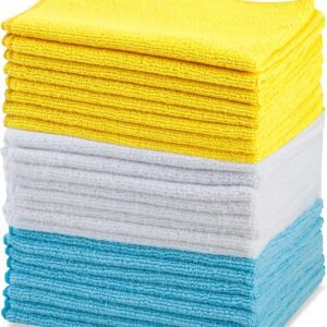 amazon basics microfiber cleaning cloths, ultra absorbent, lint free, streak free, non abrasive, reusable and washable, 16" x 12", blue/white/yellow, pack of 24